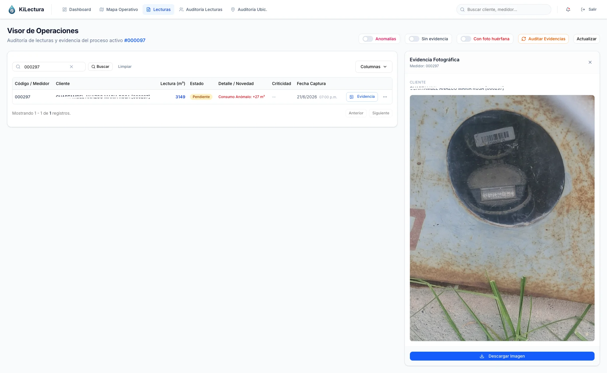 Visor de Operaciones - Auditoría de lecturas con evidencia fotográfica